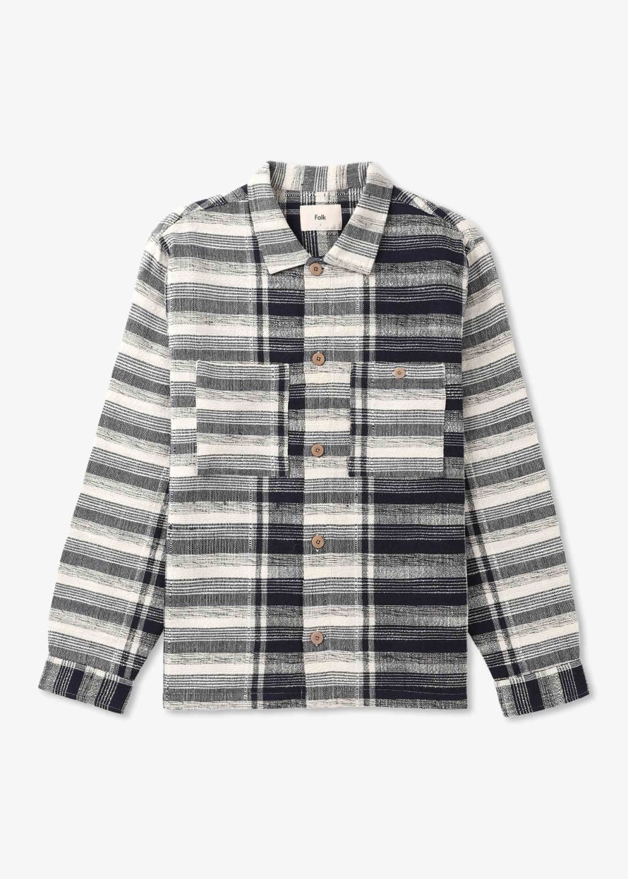 Folk Mens Patch Overshirt In Navy Basket Weave Check