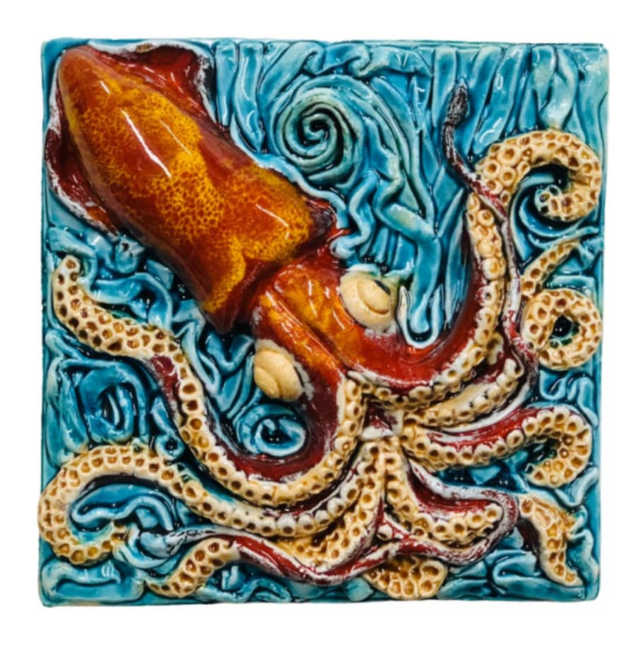Eclectica Deco 15x15 Handmade Relief Red Squid Tile