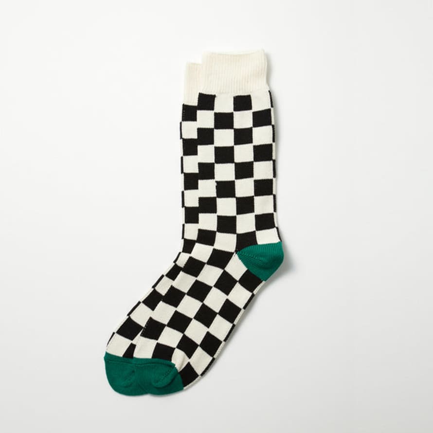 RoToTo Checkerboard Crew Socks Green & Ivory