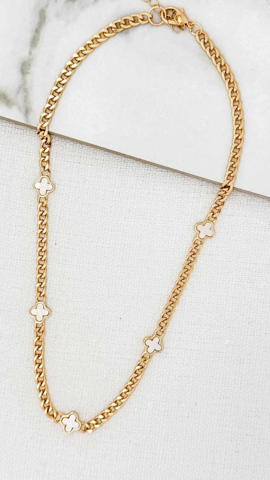 Envy Short Gold Curb Chain Necklace with 5 White Fleurs