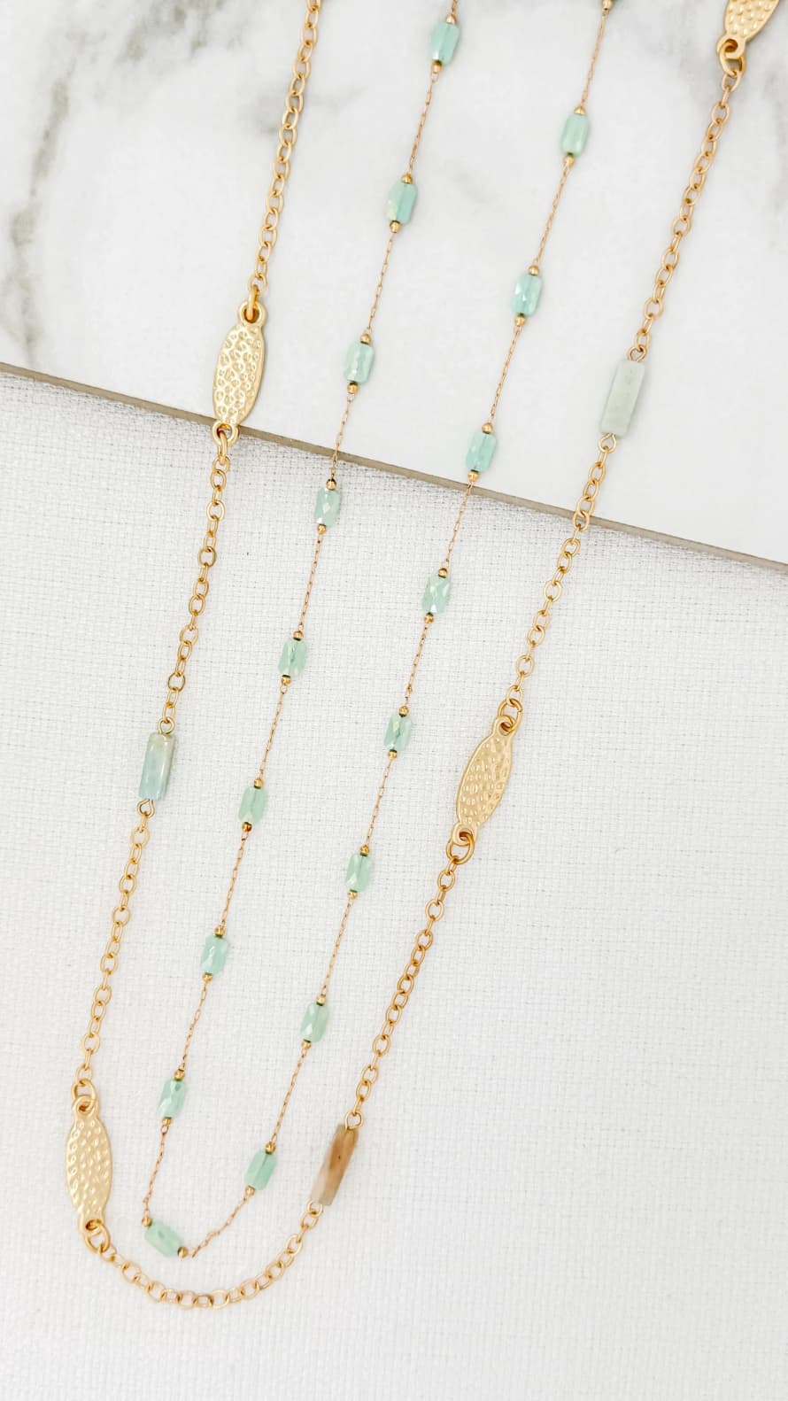 Envy Double Layer Necklace with Battered Gold Ovals and Green Stones