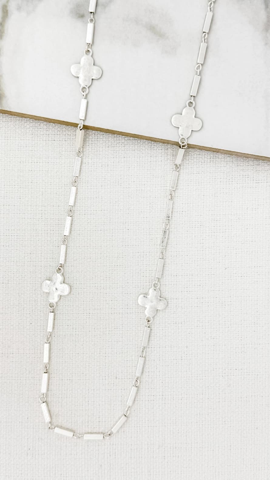 Envy Long Worn Silver Necklace with Silver Fleurs