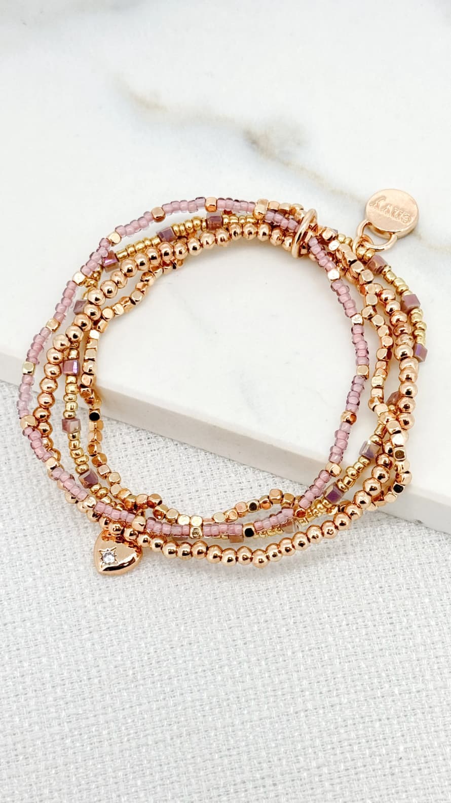 Envy Gold and Pink Bead Bracelet with Heart Charm