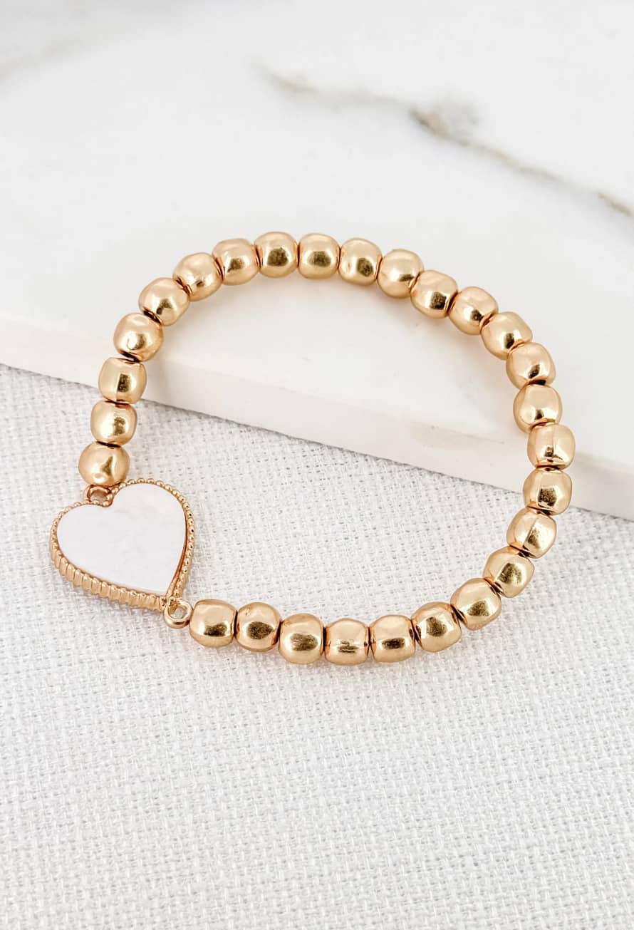 Envy Gold Bead Stretch Bracelet with White Heart