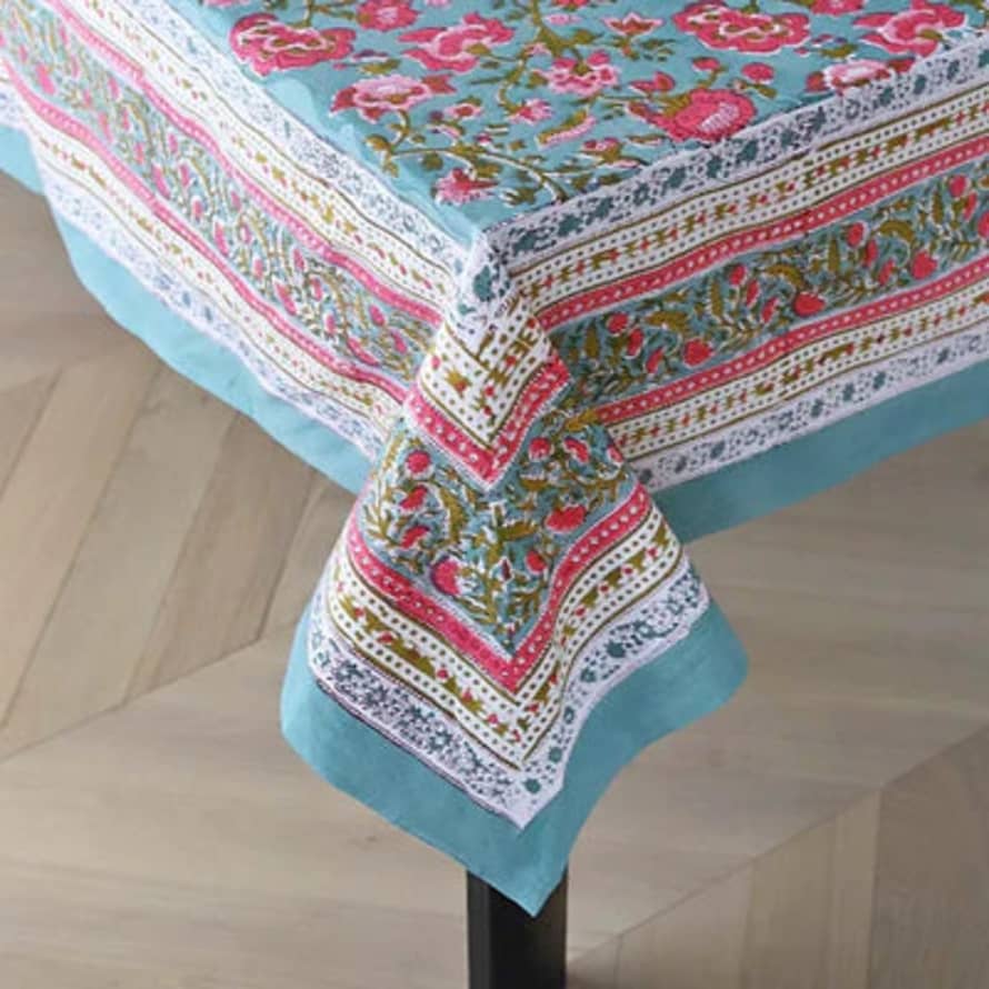 Indienne Cotton Hand Block Printed Tablecloth In Green And Pink Floral