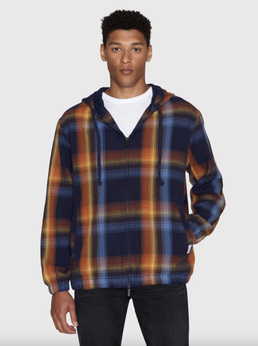 Knowledge Cotton Apparel  1060038 Checked Hoodie Twill Zipper Jacket Blue Check