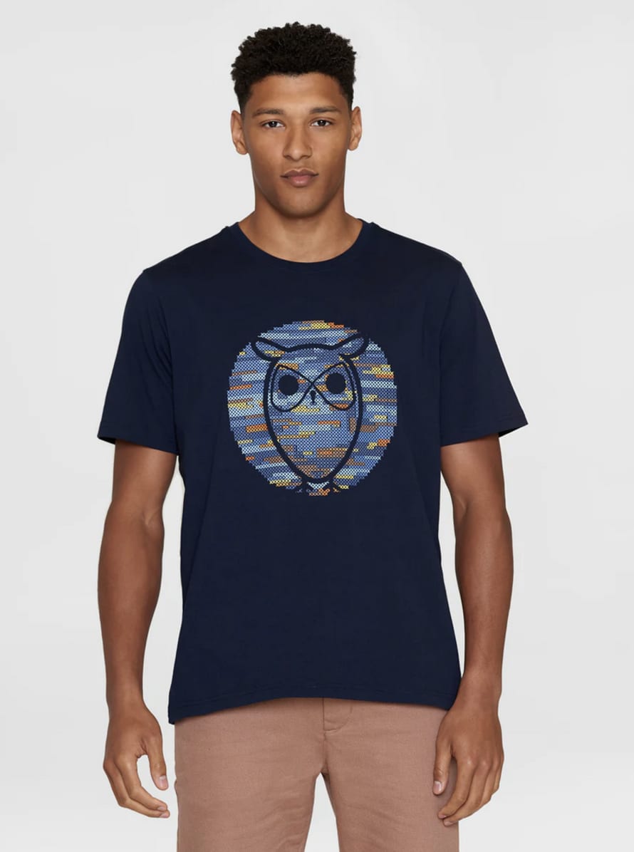 Knowledge Cotton Apparel  1010101 Regular Short Sleeve Heavy Single Owl Cross T-Shirt Night Sky