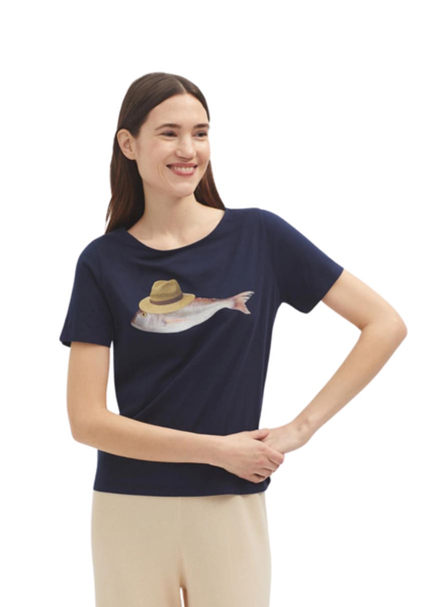 Nice Things Fish Cotton T-shirt In Navy From