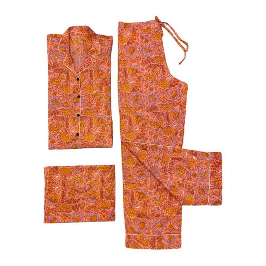 Behotribe  &  Nekewlam Pyjama Set Cotton Floral Block Print Apricot