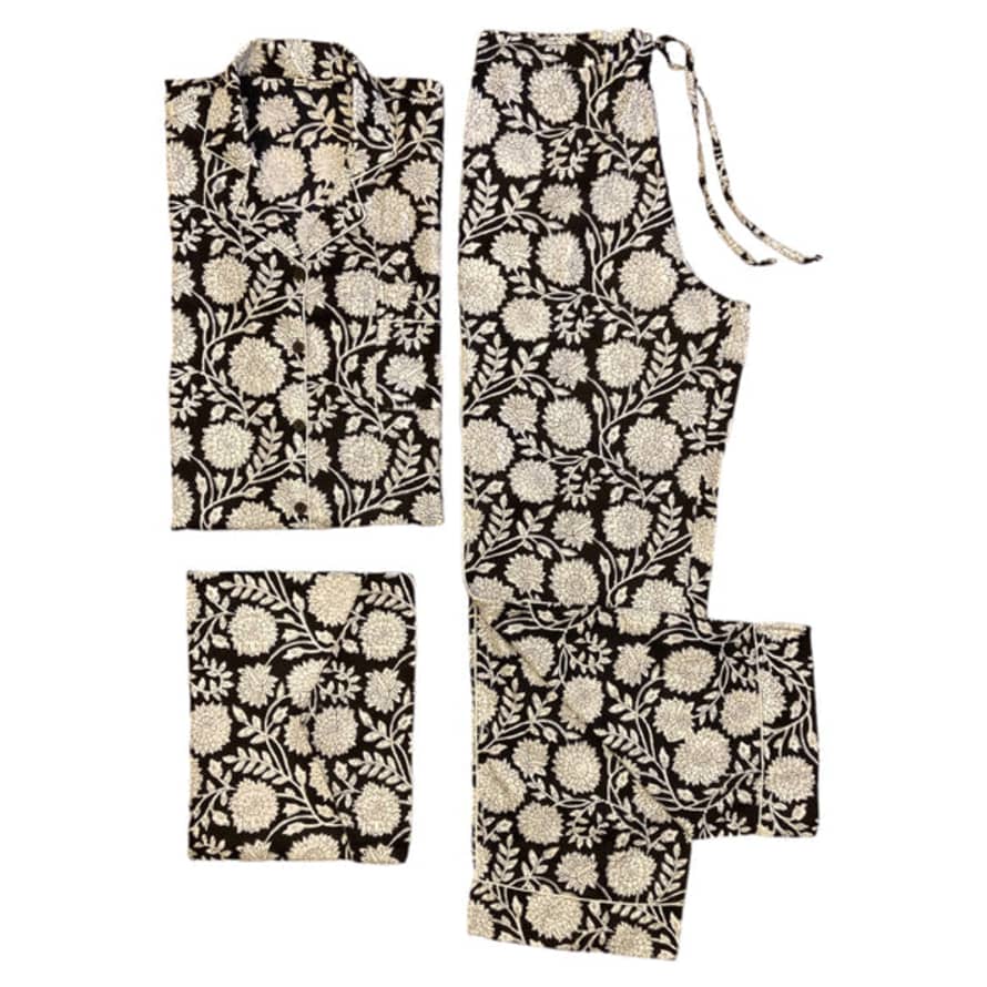 Behotribe  &  Nekewlam Pyjama Set Cotton Floral Block Print Ebony