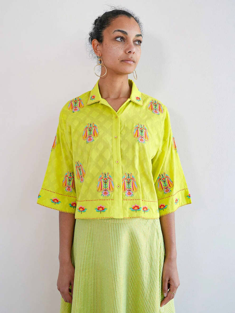 Nimo with Love Thyme Blouse Parrot Embroidery On Lime Jacquard