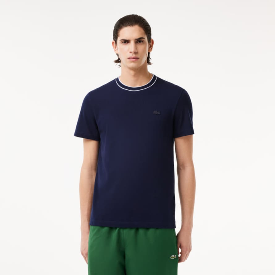 Lacoste Navy Stretch Pique Striped Collar T Shirt 
