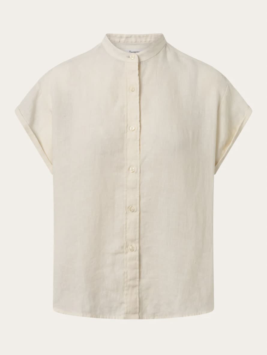 Knowledge Cotton Apparel  2090005 Collar Stand Short Sleeve Linen Shirt Buttercream