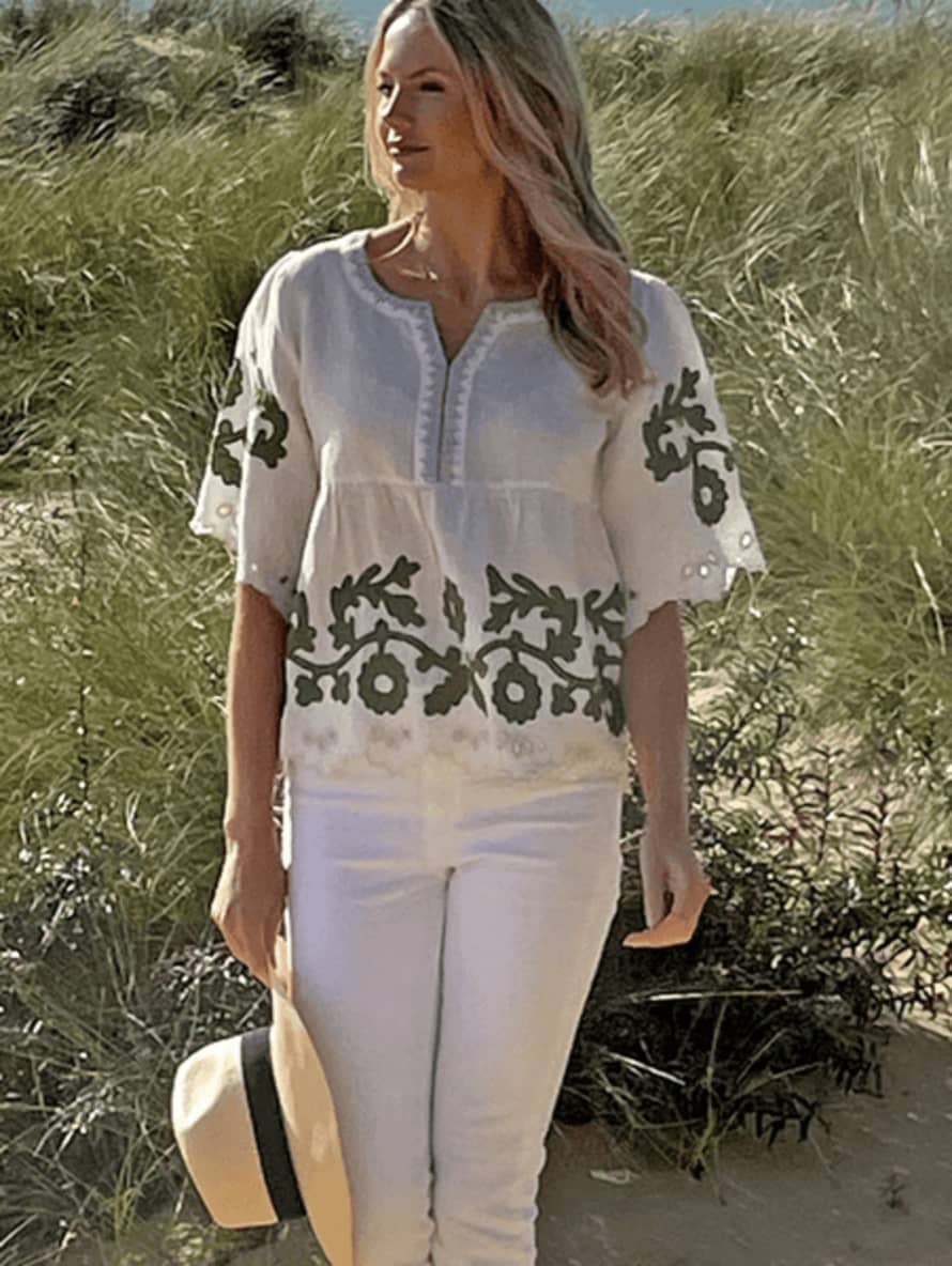 Rose and Rose Alassio Appliqued Embroidered Top In White And Olive