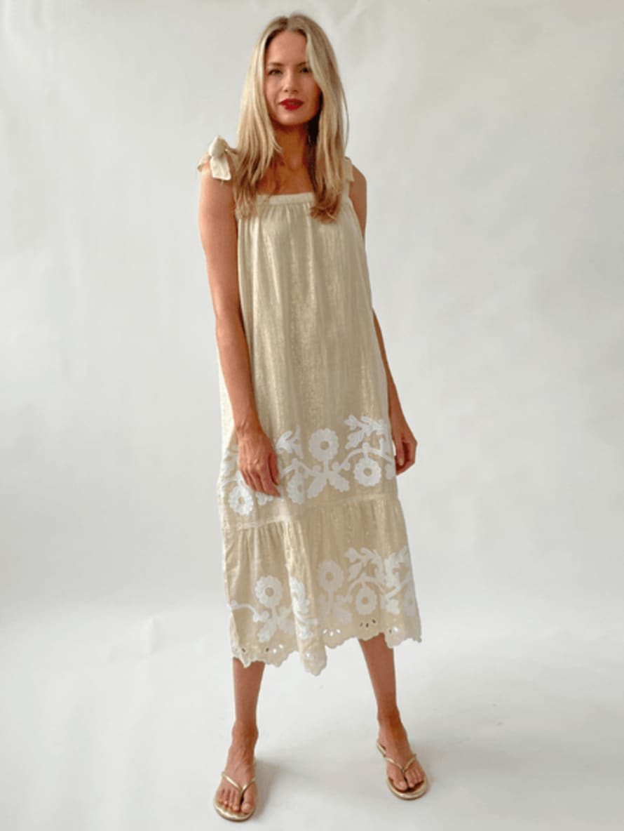 Rose and Rose Alba Appliqued Sleeveless Sun Dress In Gold And White