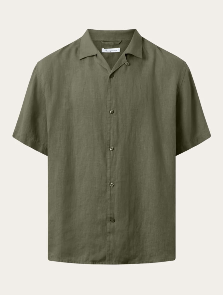 Knowledge Cotton Apparel  1090010 Box Short Sleeve Linen Shirt Burned Olive