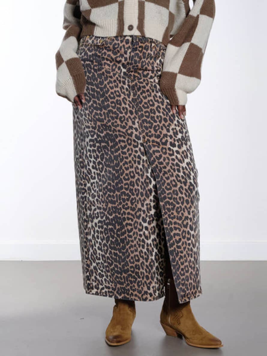 Ganni Leopard Denim Maxi Skirt
