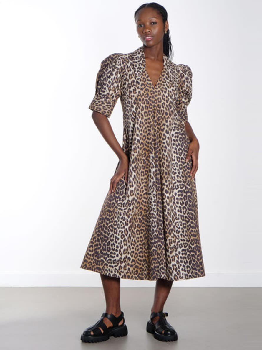 Ganni Leopard Cotton Poplin V-Neck Maxi Dress