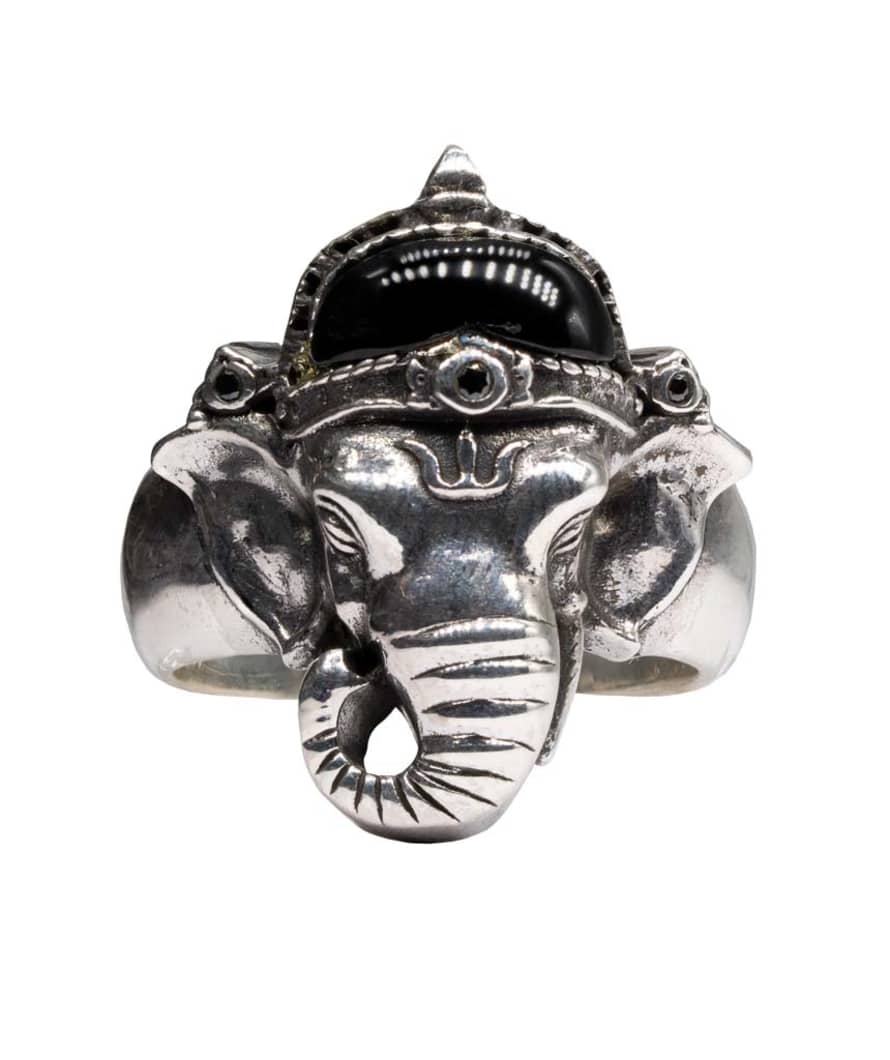 Urbiana Premium Silver Elephant With Black Hat Ring