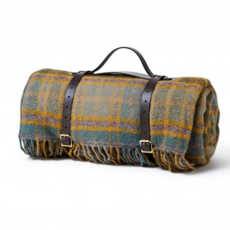 Tweedmill Polo Picnic Rug with Waterproof Backing & Leather Straps | Mustard Cottage Check