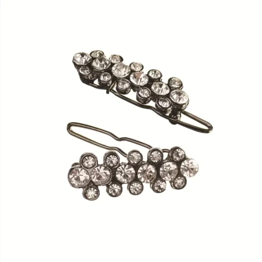 Hot Tomato Pair of Gun Metal and Clear Crystals Petite Sparklets Hair Clips