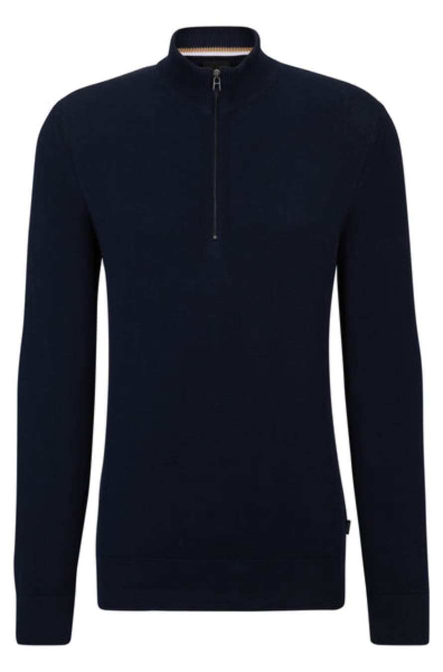 Hugo Boss Ebrando Dark Blue Zip Neck Sweater In Micro Structured Cotton 50505997 404