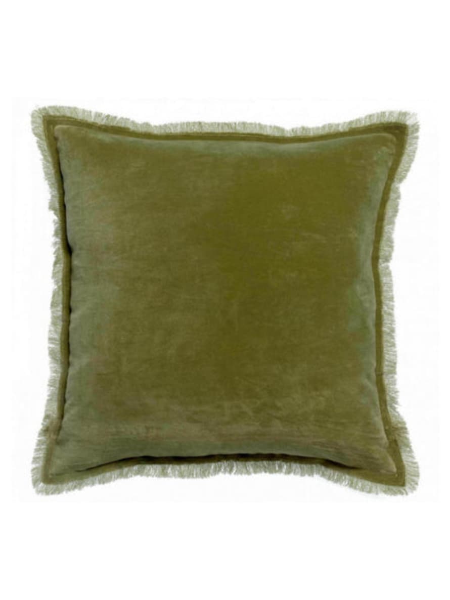 Viva Raise Fara Olive Fringed Velvet Cushion - 45x45cm