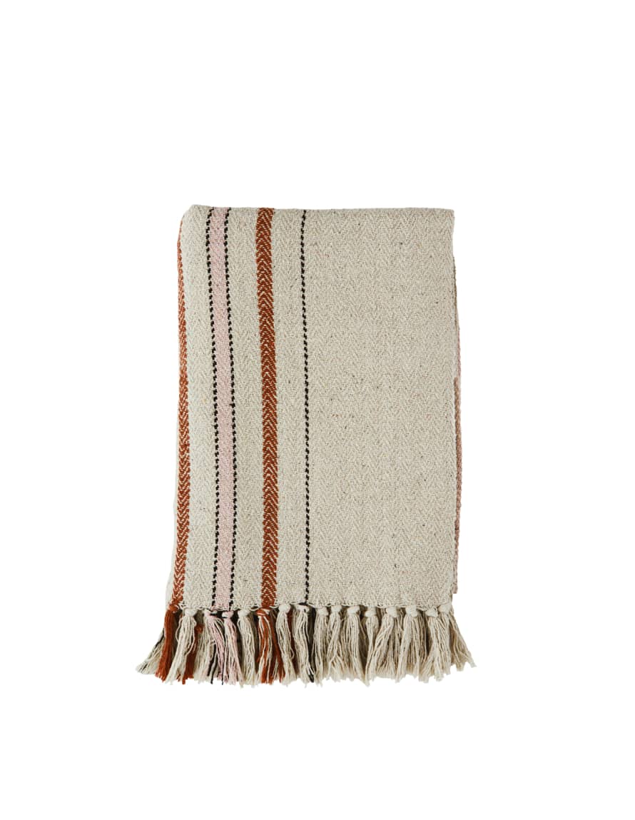Madam Stoltz Beige and  Terracotta Recycled Cotton Check Throw