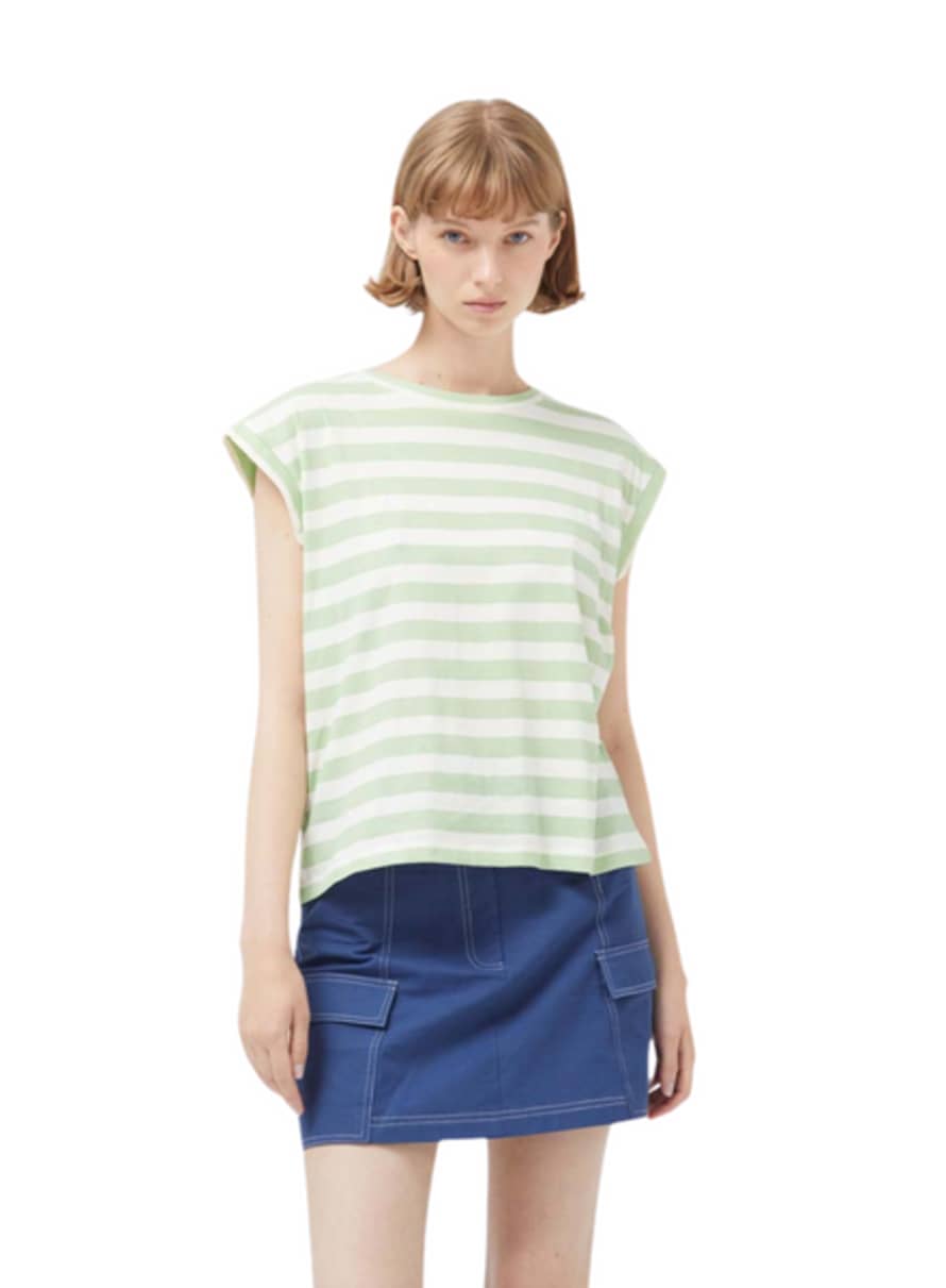 Compania Fantastica Cap Sleeve T-shirt In Green & White Stripes From