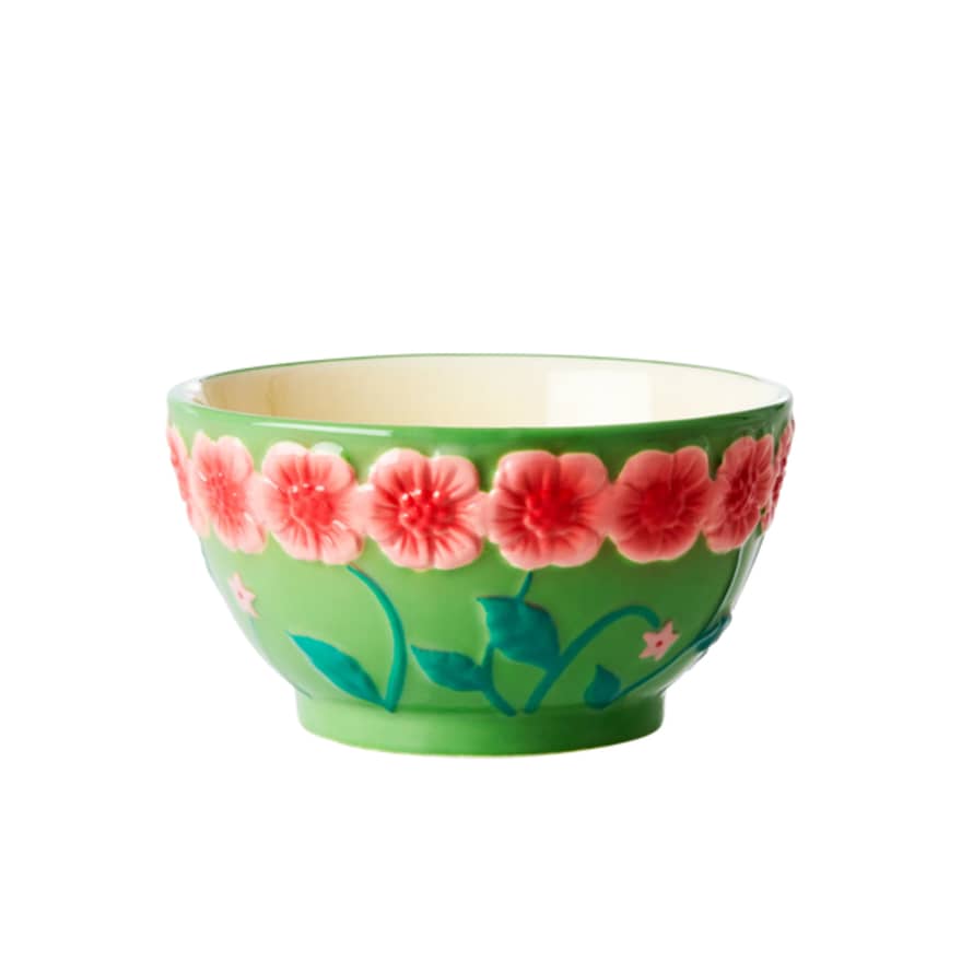 rice Ceramic Bowl With Embossed Flower Design - Green - Small - 250 Ml
