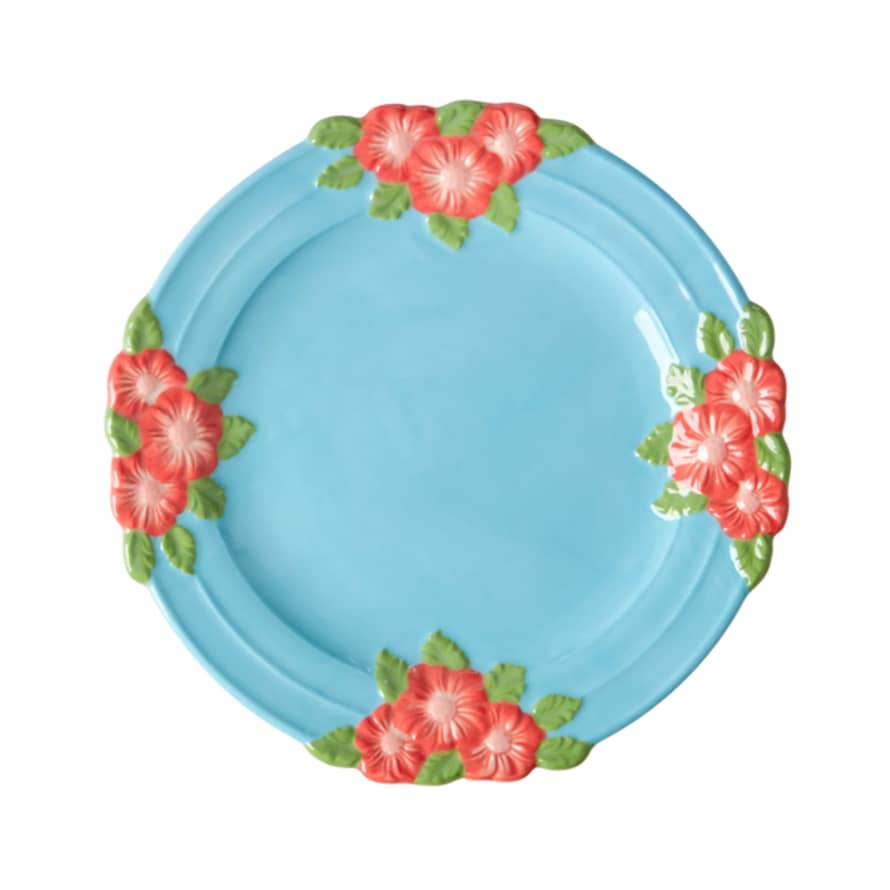 rice Ceramic Plate With Embossed Flower Design - Mint