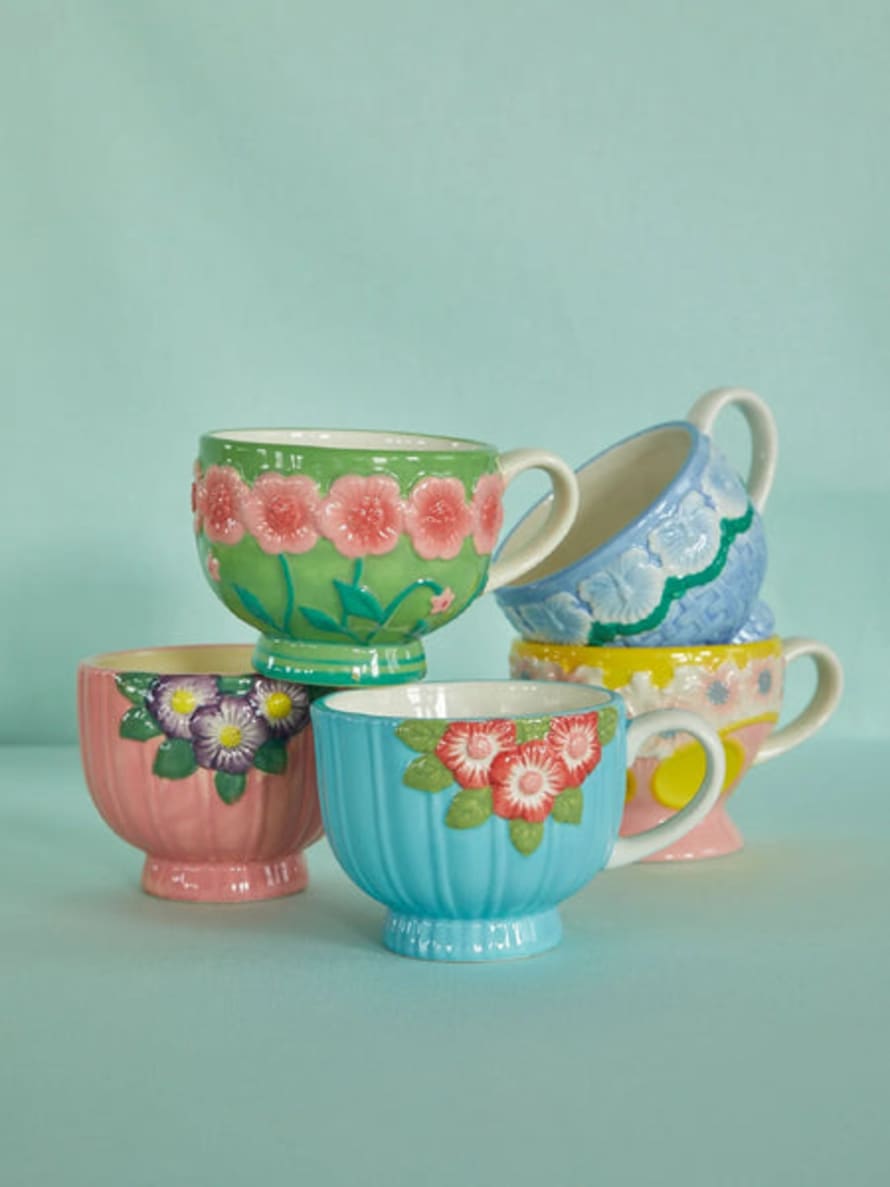 rice Ceramic Mug With Embossed Flower Design - Mint