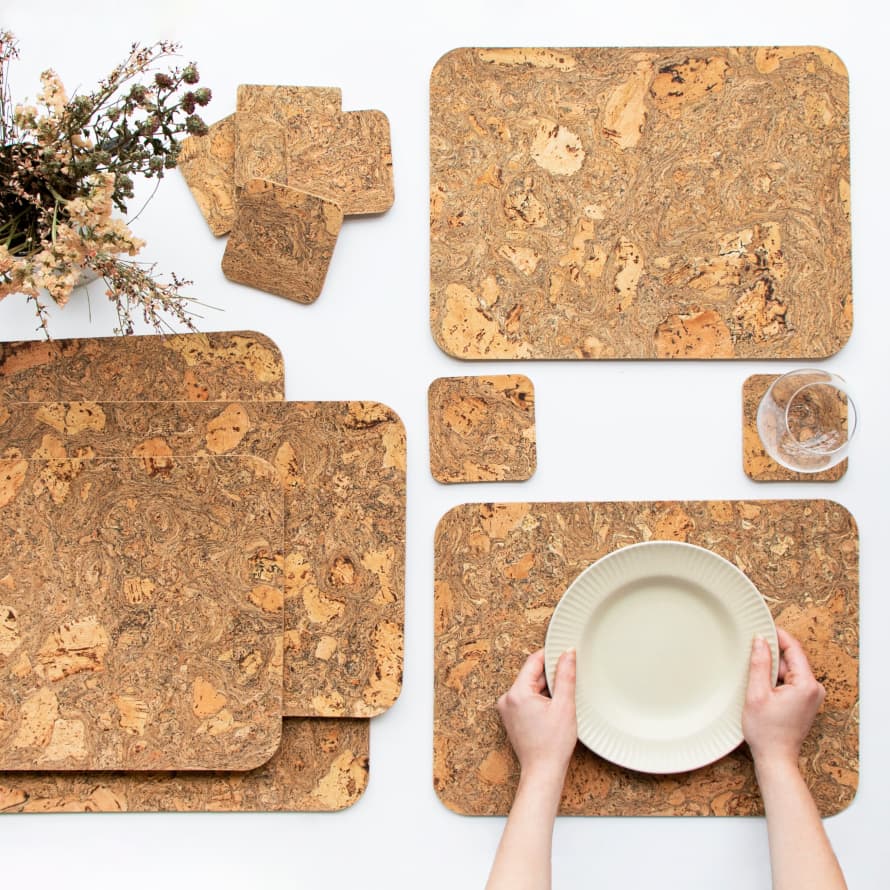 LIGA Set Of 6 Natural Cork Placemats + Coasters | Rectangle + Square