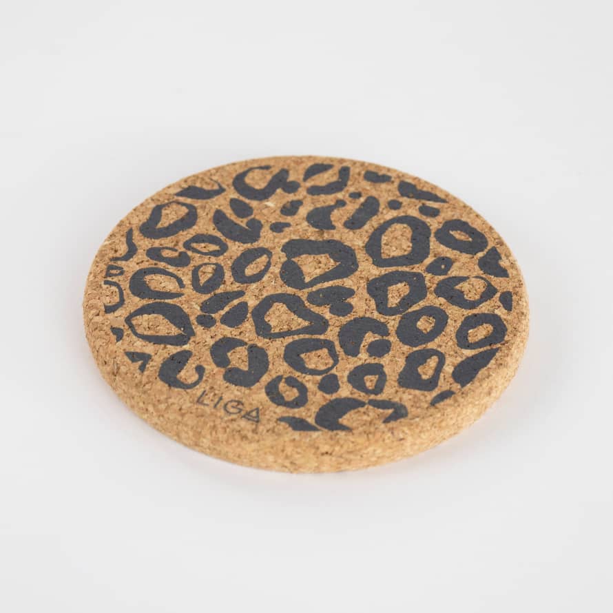 LIGA Grey Cork Coasters Set | Leopard Print