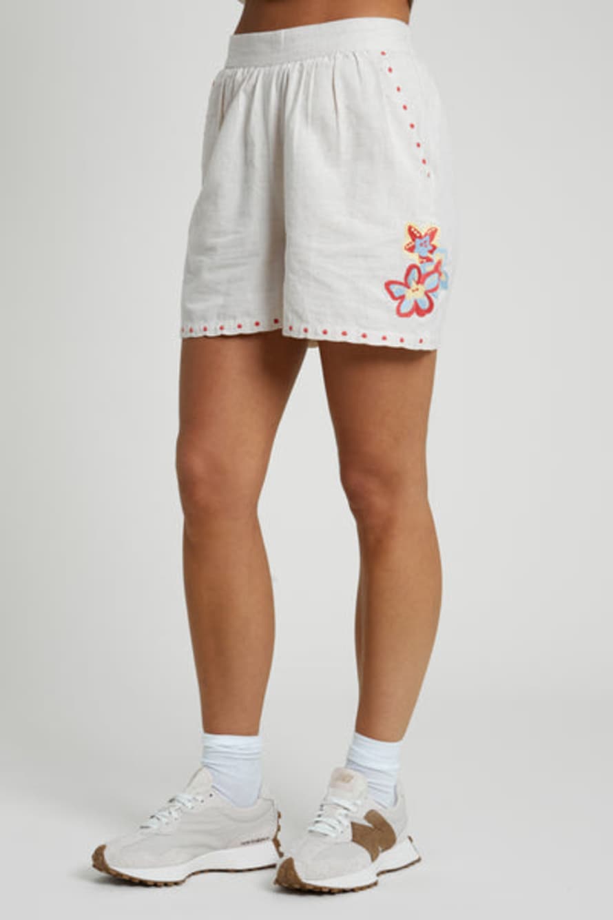 Native Youth Linen Blend Shorts With Floral Embroidery