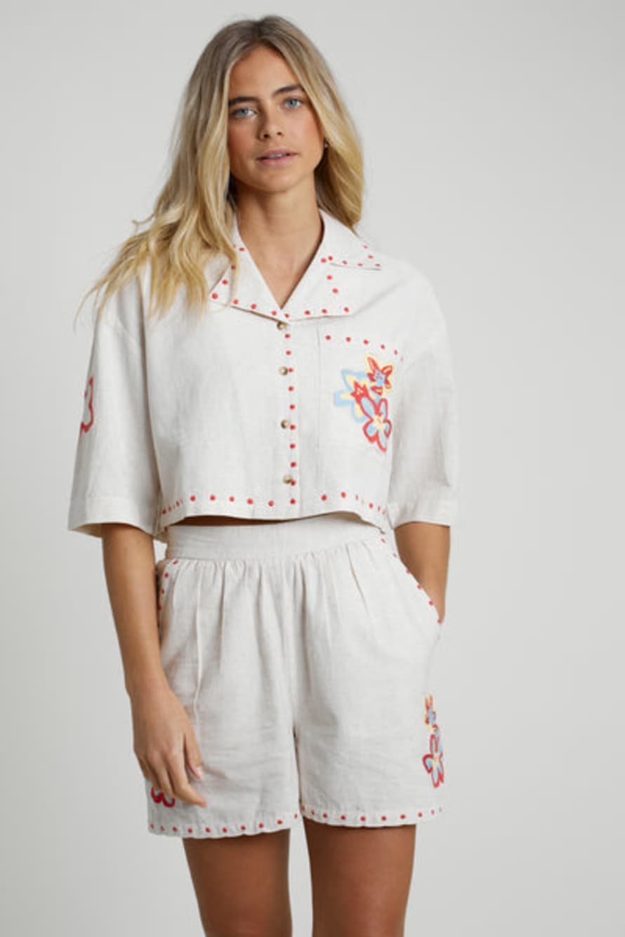 Native Youth Linen Blend Crop Shirt With Floral Embroidery