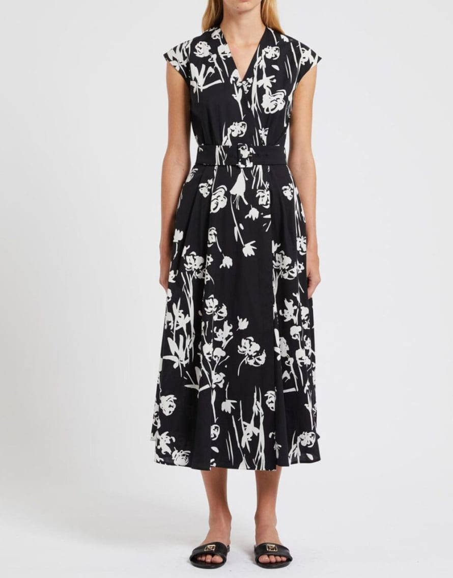Marella Marella Taxi V-neck Floral Cap Sleeve Belted Dress Size: 12, Col: Blac