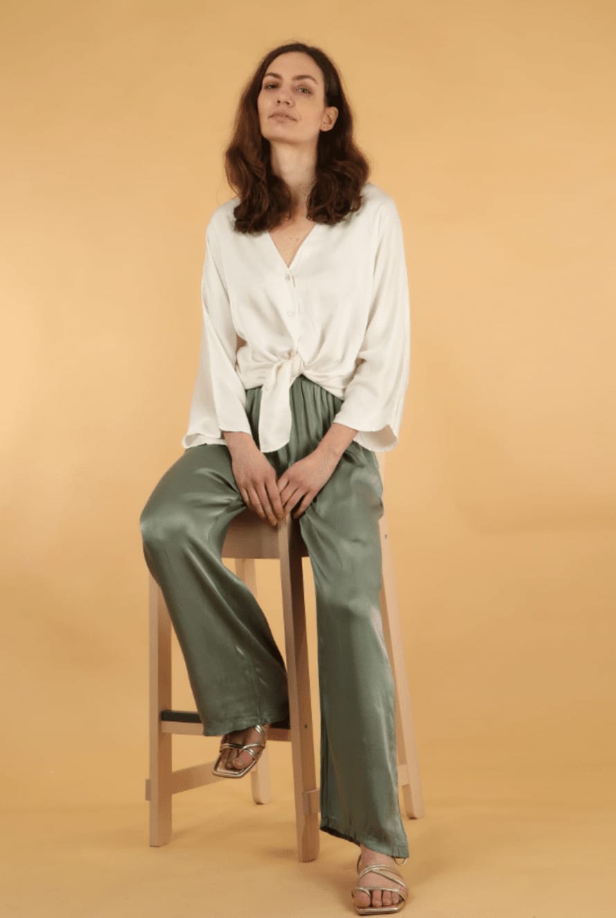 MSH Msh Silk Textured Wide Leg Trouser With Elasticated Waist In Sage Green