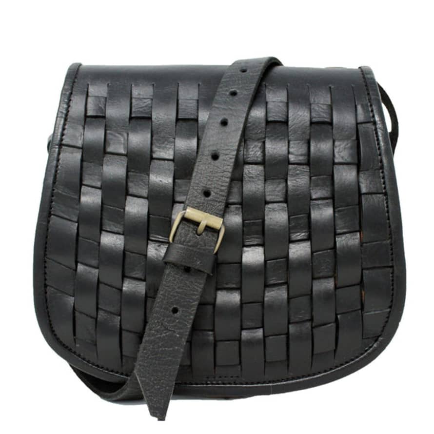 Atelier Marrakech Leather Sam Woven Saddle Bag Black