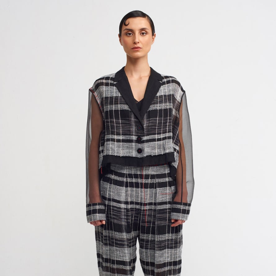 New Arrivals Nu Short Black White Check Jacket with Organza Sleeves