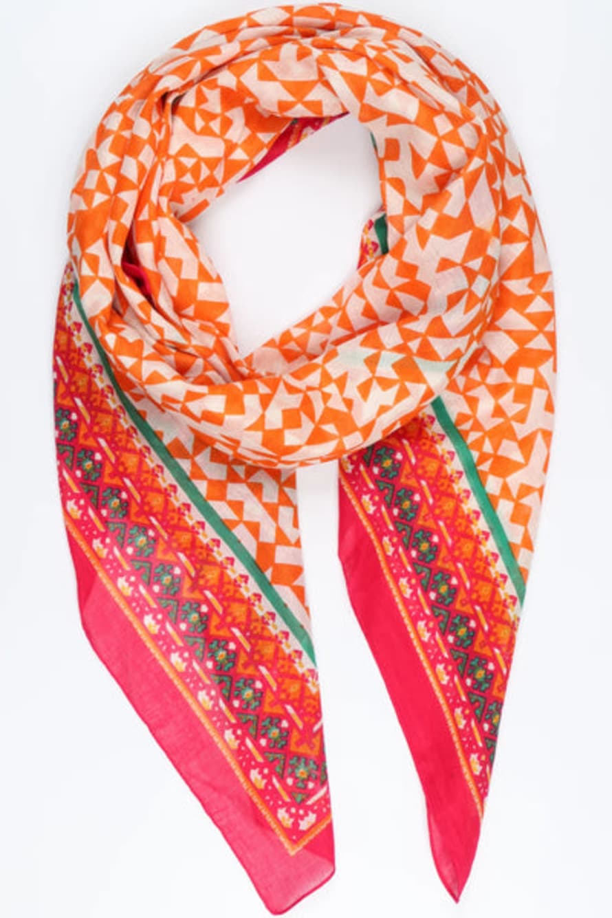 Miss Shorthair Ltd Miss Shorthair 3146of Cotton Mosaic Print Scarf With Patterned Border In Orange