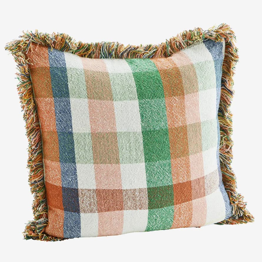 Madam Stoltz Checked Cushion Cover with Fringes