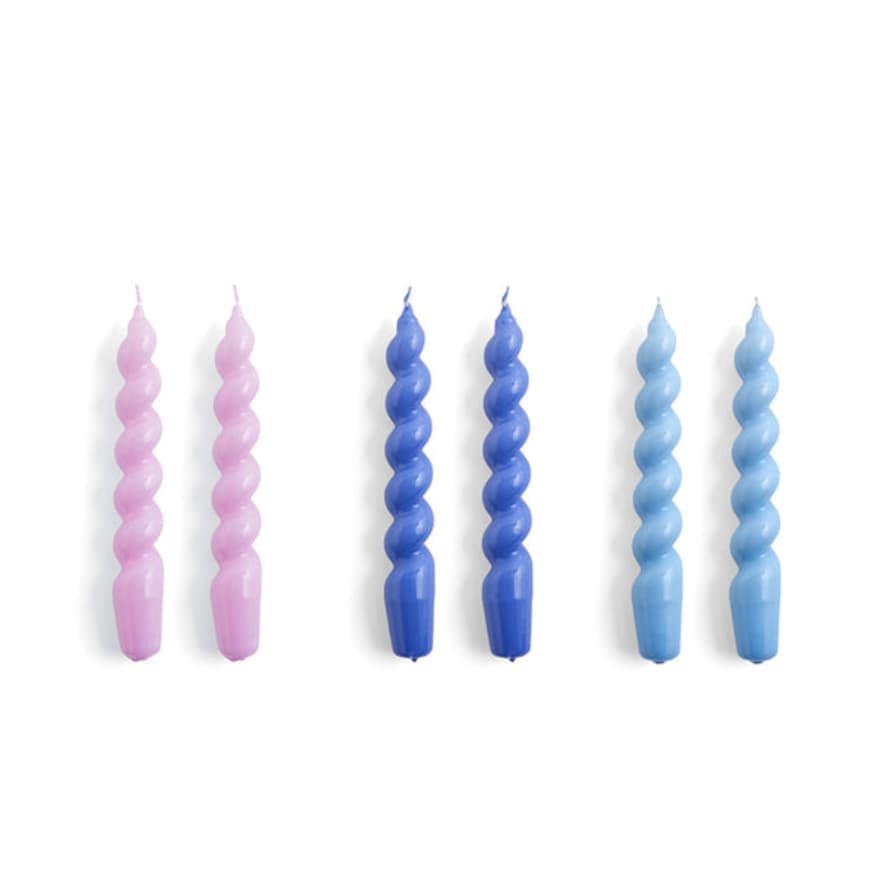 HAY Set De 6 Bougies Spirales Épaisses Lilas, Bleu Violet Et Bleu Clair