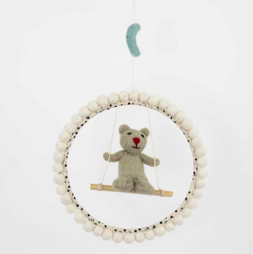 Afroart Mobile, He Swings, Bear On Swing, Handmade In Wool, 18cm - In Giftbox