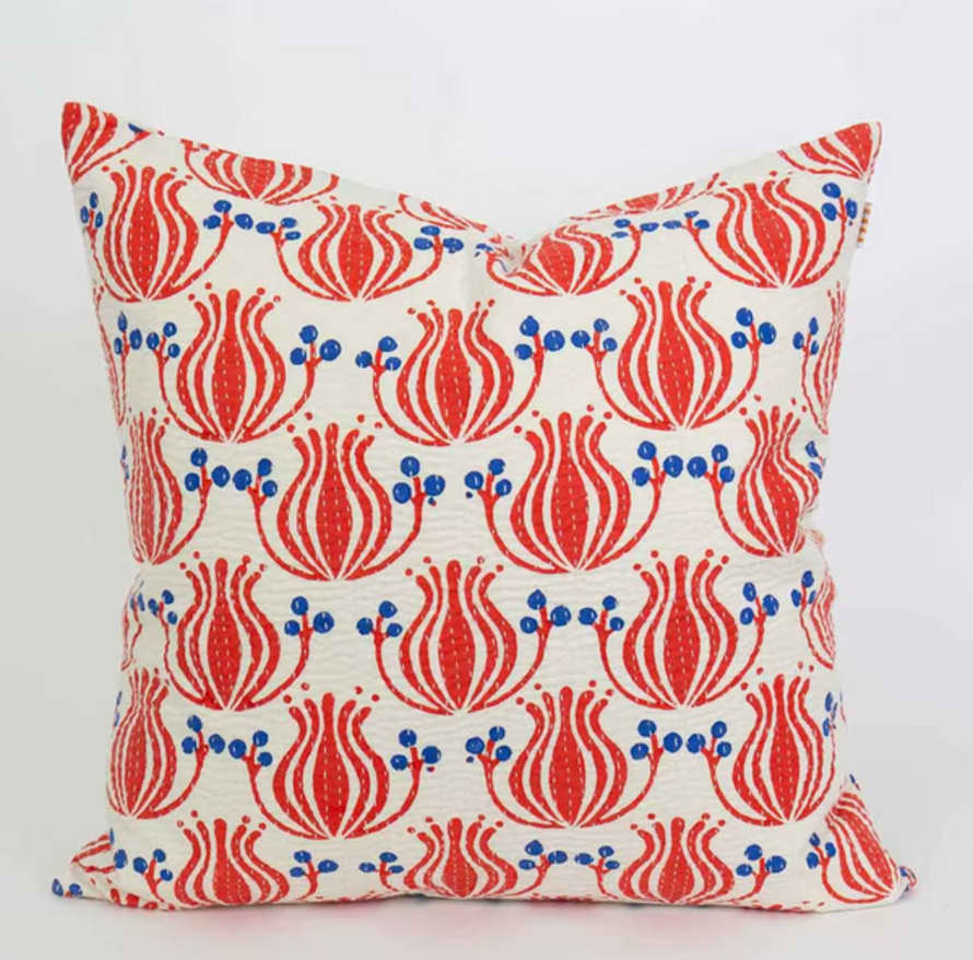 Afroart Cushion Cover Flower 50x50, Red / Blue, Handprinted