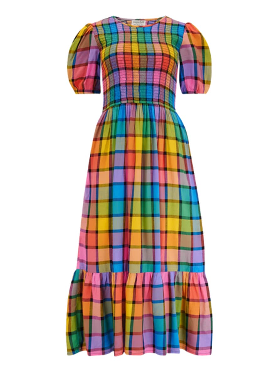 Sugarhill Yolanda Midi Shirred Dress - Multi Summer Rainbow Check