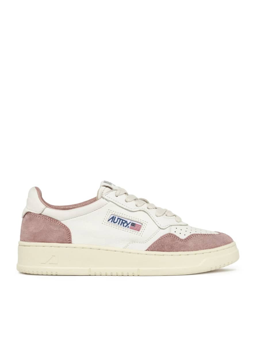 Autry MEDALIST LOW SNEAKERS IN WHITE GOATSKIN AND PINK SUEDE