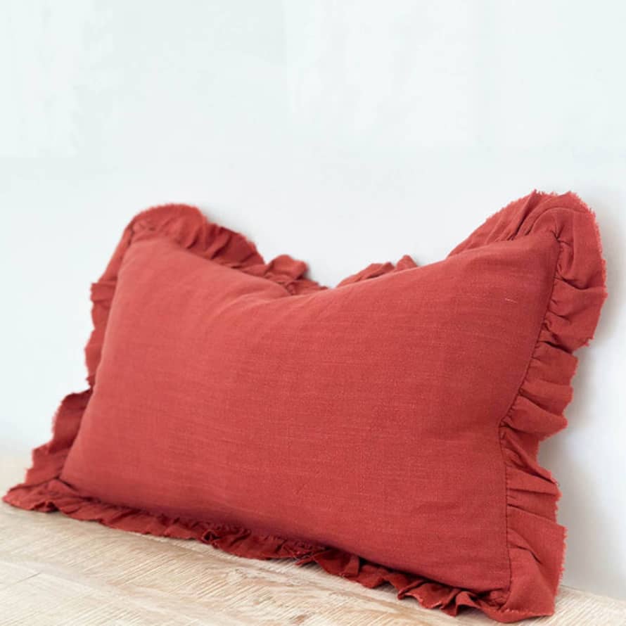 BUNNY AND CLARKE Ruffled Linen Terracotta Orange Cushion Cover - 50 X 30cm