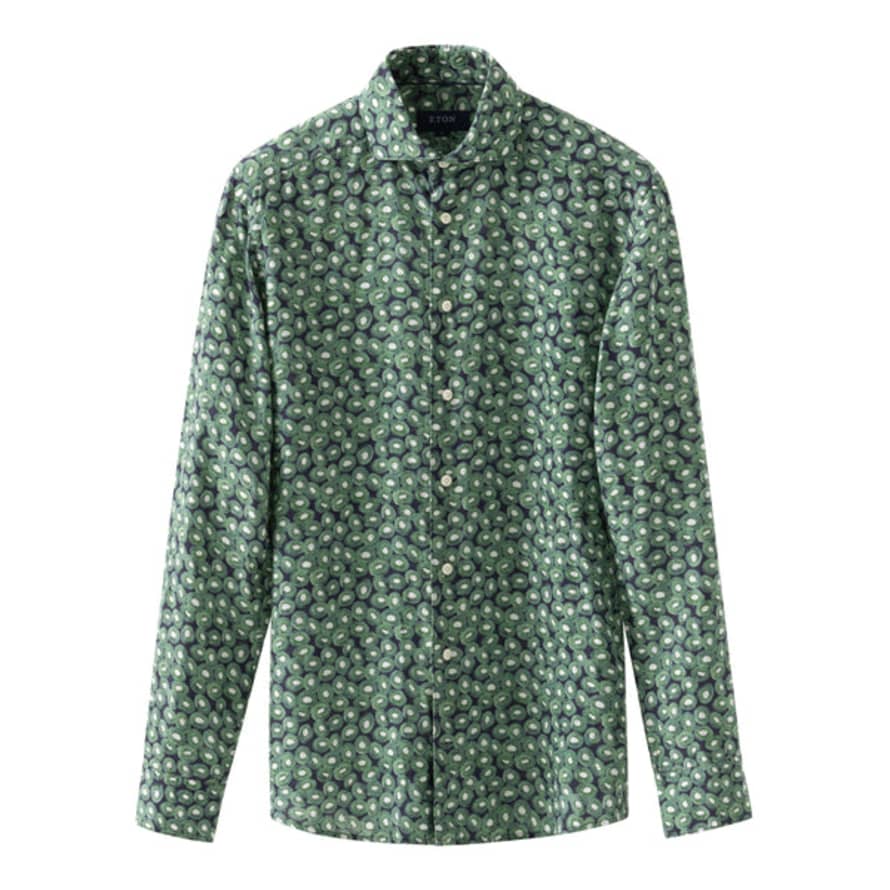 Hugo Boss Eton - Green Slim Fit Kiwi Print Linen Shirt 10001143465