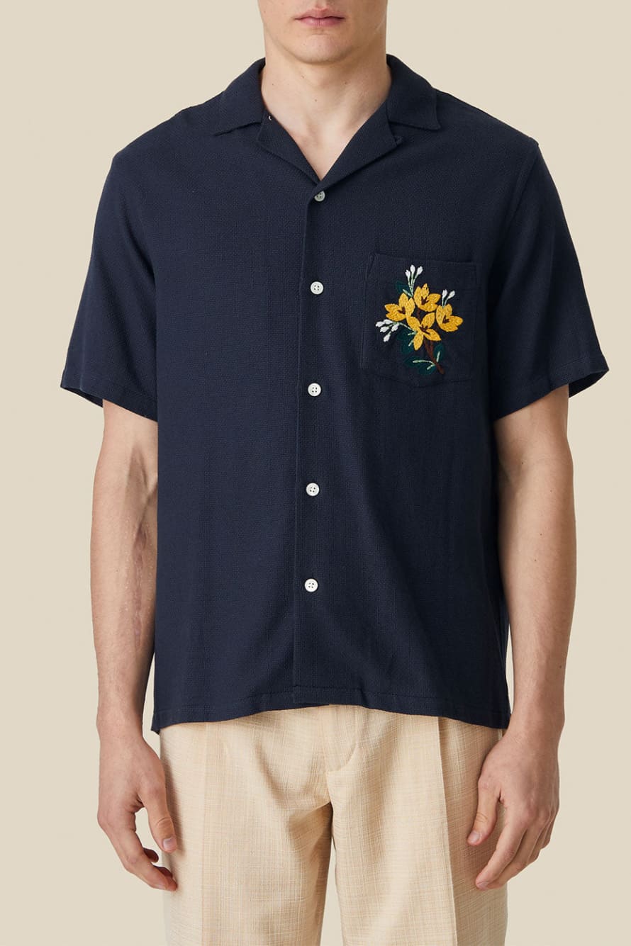  Portuguese Flannel Navy Pique Embroidery Flowers Shirt